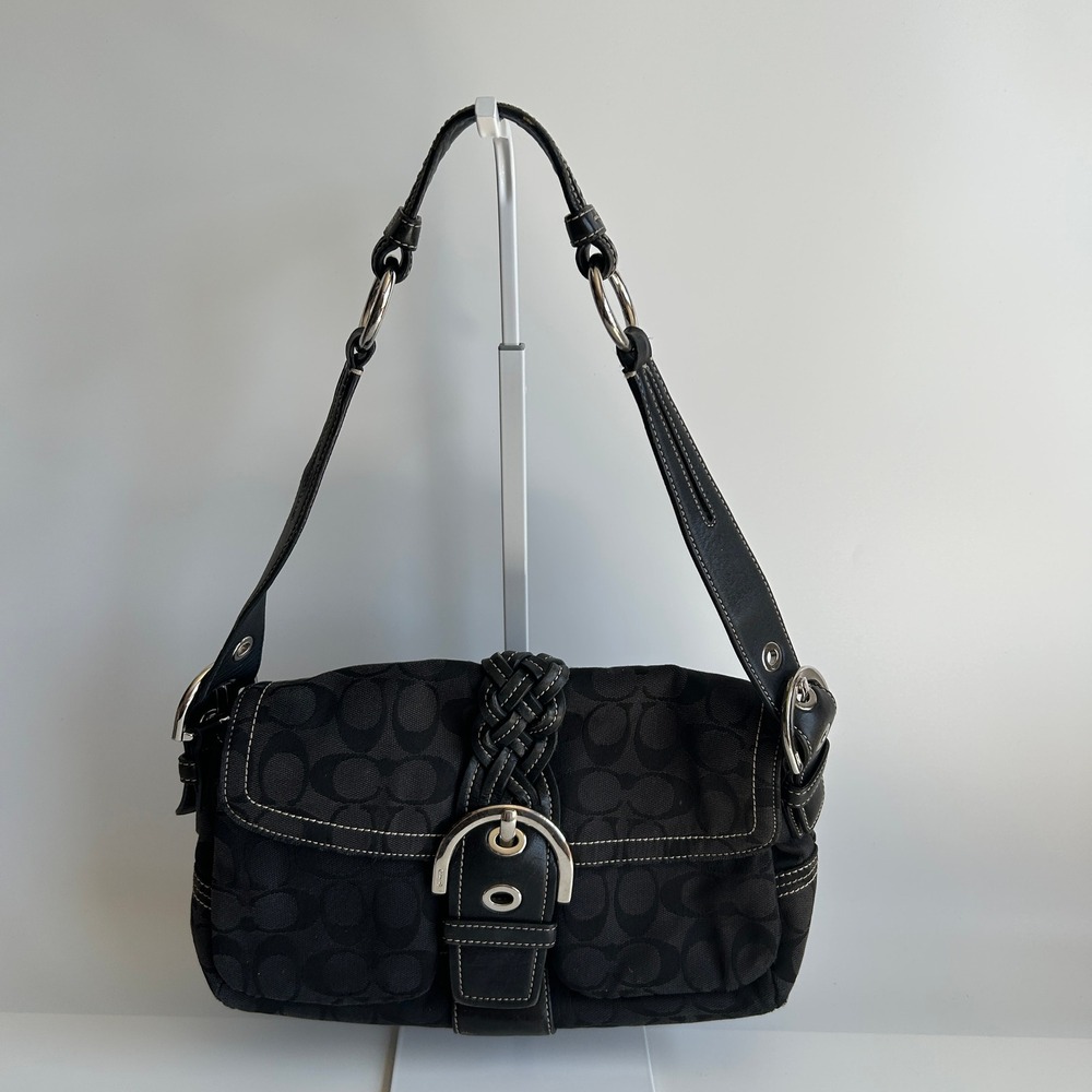 Coach Soho Signature Flap Black Canvas Leather Shoulder Bag 6314